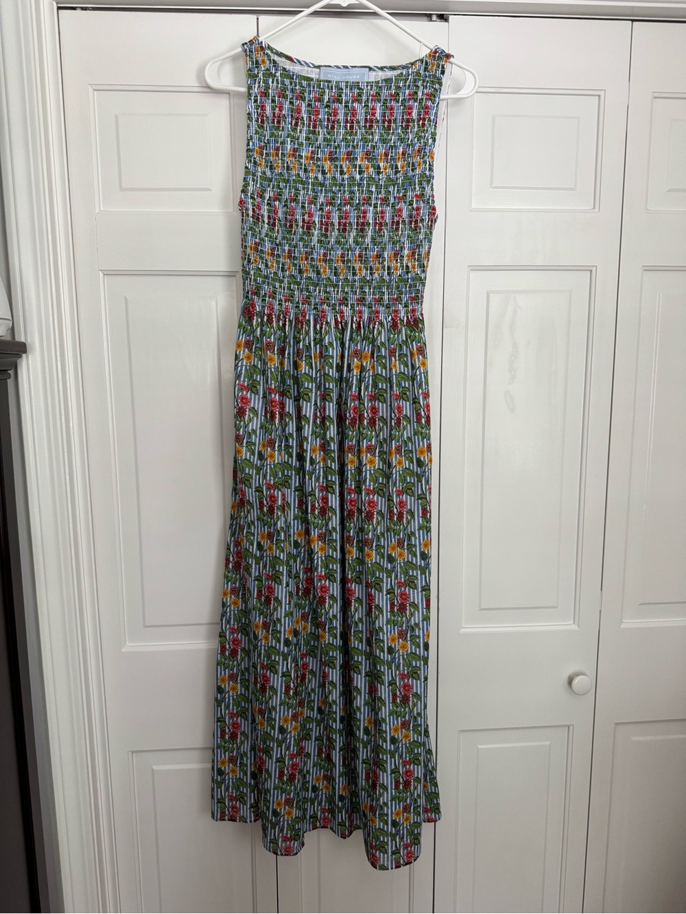 NWOT Hillhouse Floral Stripe Summer Dress — Red & Yellow Flowers on Blue Stripe